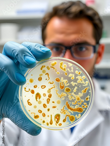 Researcher is holding Petri dish of Vibrio vulnificus in CHROMagar and TCBS, an estuarine bacterium which occurs in in filter-feeding molluscan shellfish, such as oysters., ingestion of the bacterium.
