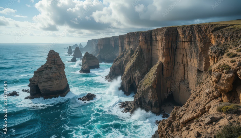 Stunning Coastal Cliff Landscape with Dramatic Ocean Waves Stunning Coastal Cliff Landscape with Dramatic Ocean Waves