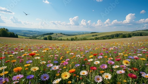Vibrant Flower Field Under Blue Sky with Clouds and Green Hills