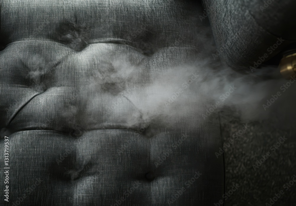Steam Rising from Upholstered Chair Cushion with Soft Gray Fabric and Button-Tufted Design in Elegant Interior Decor Setting Steam Rising from Upholstered Chair Cushion with Soft Gray Fabric and Button-Tufted Design in Elegant Interior Decor Setting