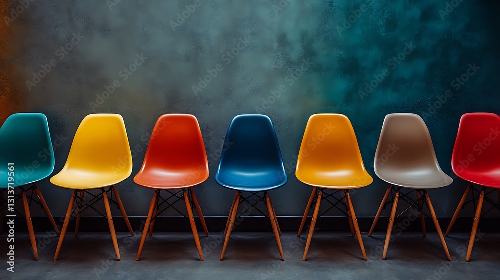 Obraz premium Close-up of bright and textured chairs arranged in a line against a simple wall with ample text space