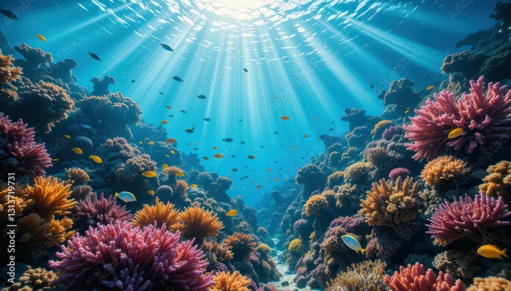 Naklejka premium Vibrant Underwater Coral Reef Ecosystem with Colorful Fish