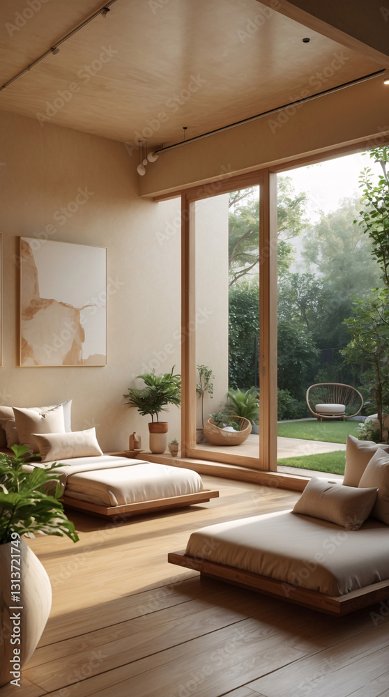 Fototapeta premium Peaceful yoga pilates studio with wooden floors calming design and a tranquil outdoor garden for rejuvenation Modern Spa Relaxation Wallpaper Interior Design