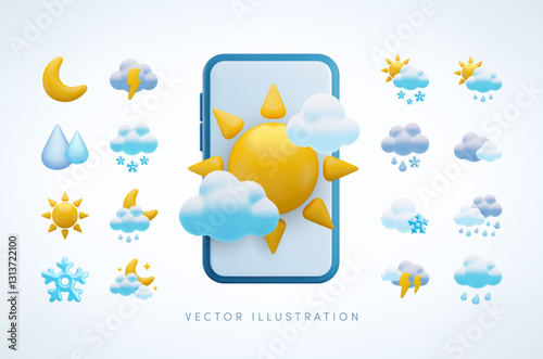 Vector cartoon 3d weather app icon set. Cute 3d render of smartphone with sunny day, rain clouds, lightning, rainy and snowy weather, starry night sign. Realistic 3d meteorology concept collection.