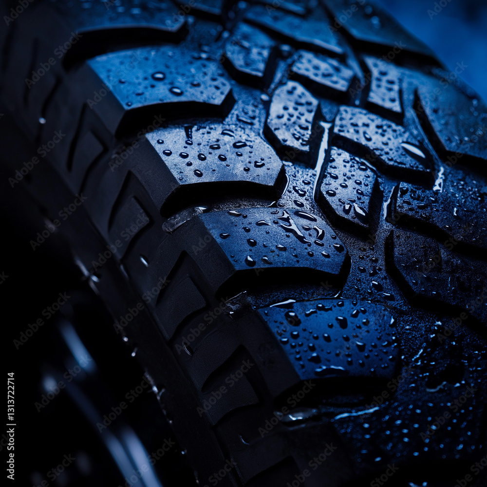 A tire with water droplets on it