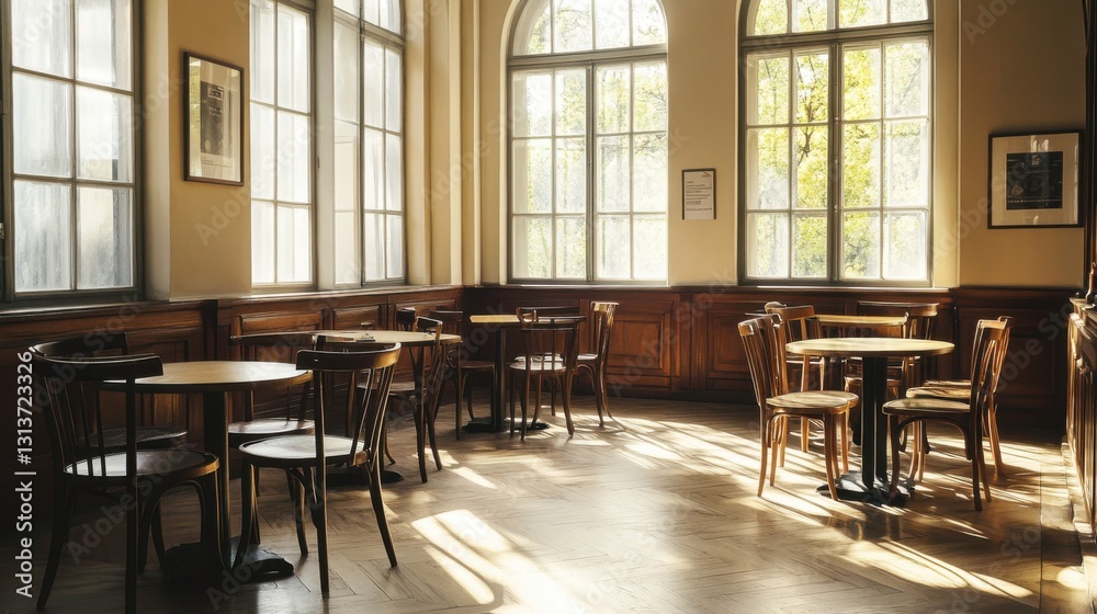Fototapeta premium sunlit cafe interior with wooden tables and chairs