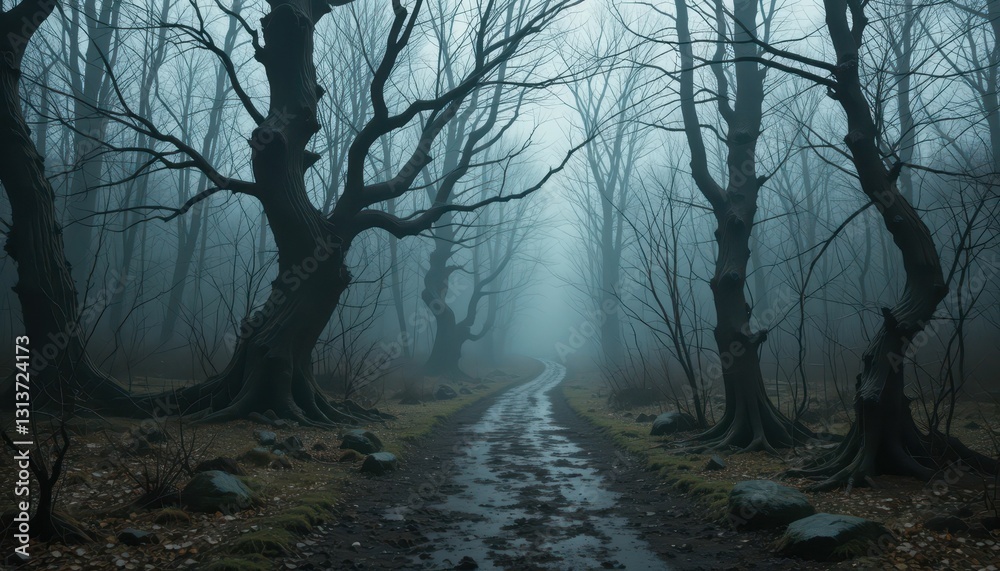 Naklejka premium Mysterious Foggy Pathway Surrounded by Gnarled Trees in Forest