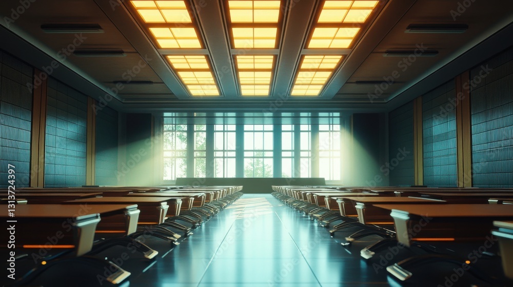Fototapeta premium empty modern conference room with large windows and sunlight