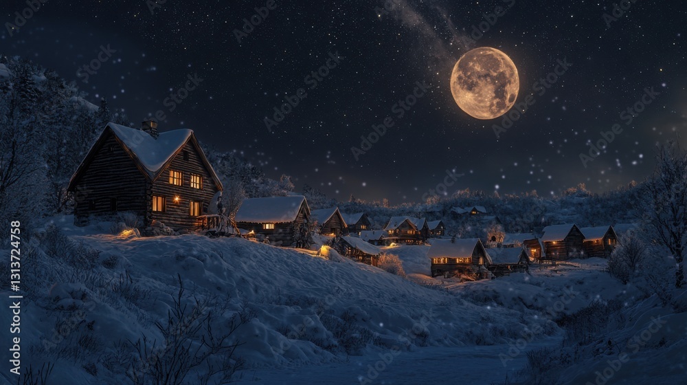 Fototapeta premium winter village night scene with full moon and snowfall