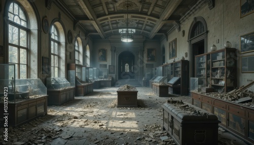 Abandoned Historical Library with Dust and Disarray in Sunlight