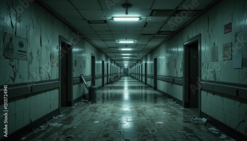 Abandoned Dimly Lit Corridor in Decaying Building Interior