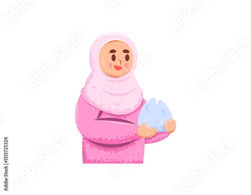 illustration of a muslim woman distributing takjil. holding and giving a plastic bag of food. food for breaking the fast. veiled woman. tradition and ramadan. flat style character design