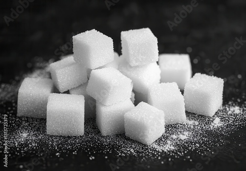 Sugar Cubes on Dark Background, Sweetness Concept for Culinary Arts, Baking, and Beverage Preparation in High-Contrast Monochrome Setting