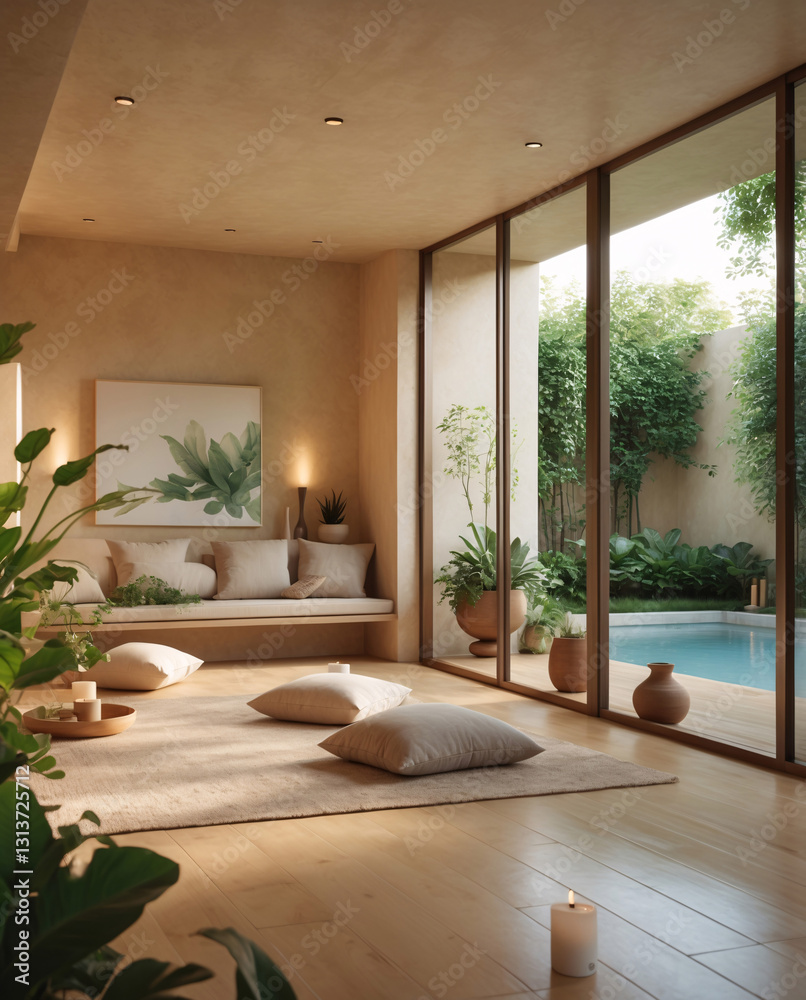 Stylish yoga pilates studio with wooden flooring minimalist design and a serene outdoor garden for peaceful moments Modern Spa Relaxation Wallpaper Interior Design Stylish yoga pilates studio with wooden flooring minimalist design and a serene outdoor garden for peaceful moments Modern Spa Relaxation Wallpaper Interior Design