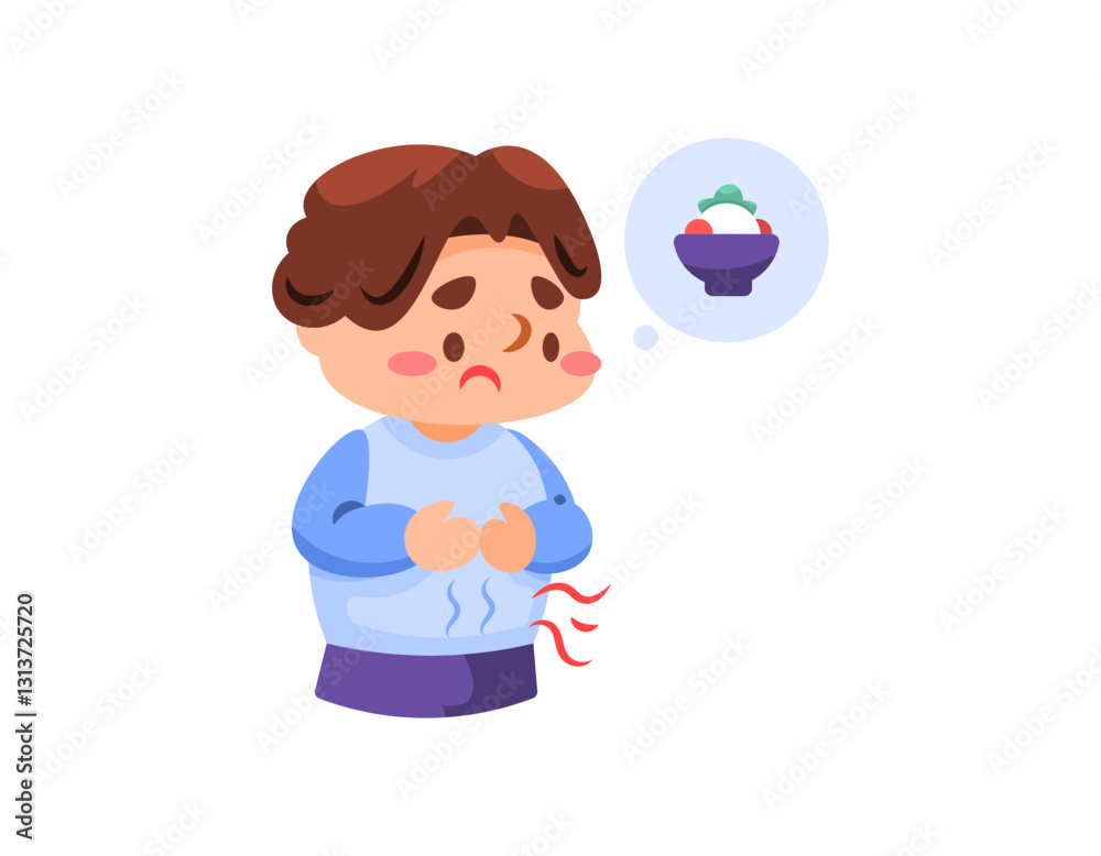 illustration of a boy whose stomach is rumbling. face looks gloomy or sad because he feels very hungry and wants to eat. want to eat rice. stomach problems and food. flat style character illustration illustration of a boy whose stomach is rumbling. face looks gloomy or sad because he feels very hungry and wants to eat. want to eat rice. stomach problems and food. flat style character illustration