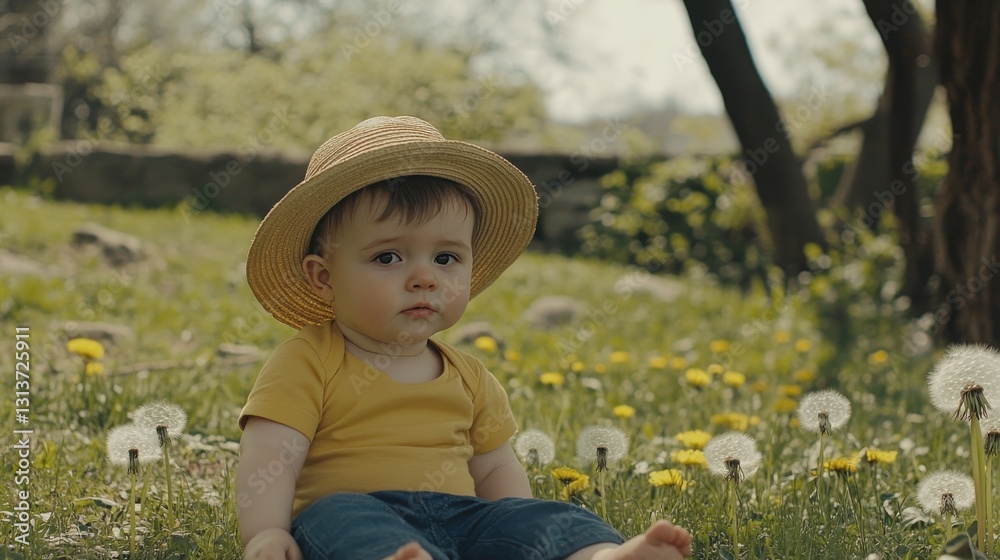 Adorable baby boy sitting on green grass surrounded by blooming dandelion flowers in a sunny spring garden, wearing a straw hat, enjoying nature and fresh air. Adorable baby boy sitting on green grass surrounded by blooming dandelion flowers in a sunny spring garden, wearing a straw hat, enjoying nature and fresh air.