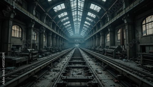 Abandoned Industrial Train Station with Overgrown Tracks and Fog