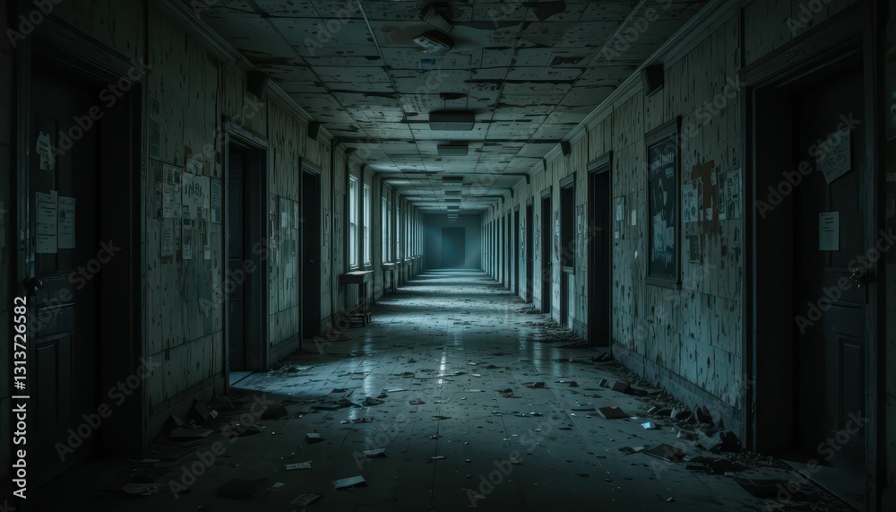 Abandoned Hallway with Doors in Eerie and Dusty Environment Abandoned Hallway with Doors in Eerie and Dusty Environment
