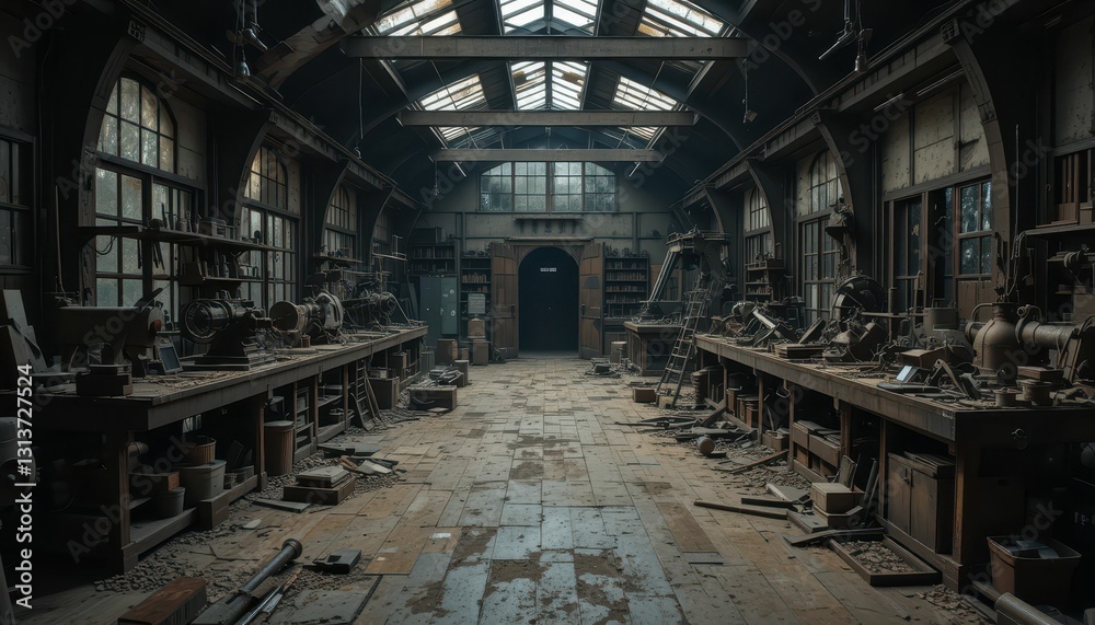 Abandoned Workshop Interior with Dust and Tools in Disarray Abandoned Workshop Interior with Dust and Tools in Disarray