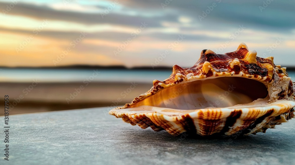 Close-Up of a Stunning Seashell on a Beach During a Breathtaking Sunset View Close-Up of a Stunning Seashell on a Beach During a Breathtaking Sunset View