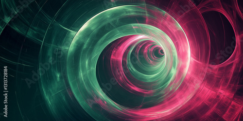 Futuristic abstract vortex with glowing green and red neon swirls, creating a sci-fi-inspired tunnel effect with depth and motion