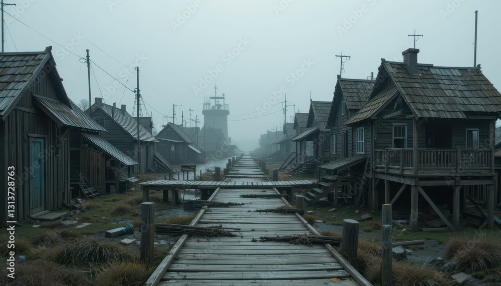 Foggy Fishing Village with Wooden Cabins and Boardwalk Pathway Foggy Fishing Village with Wooden Cabins and Boardwalk Pathway