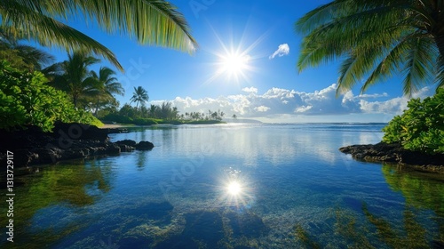 Serene Tropical Landscape with Lush Palm Trees and Sparkling Ocean Under Bright Blue Sky