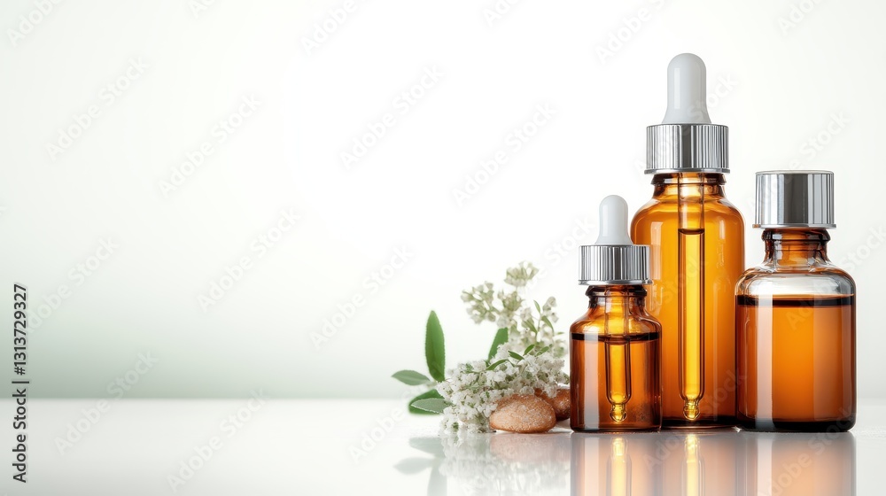 Collection of amber glass bottles filled with essential oils, elegantly styled with delicate floral accents, ideal for therapeutic and aesthetic purposes. Collection of amber glass bottles filled with essential oils, elegantly styled with delicate floral accents, ideal for therapeutic and aesthetic purposes.
