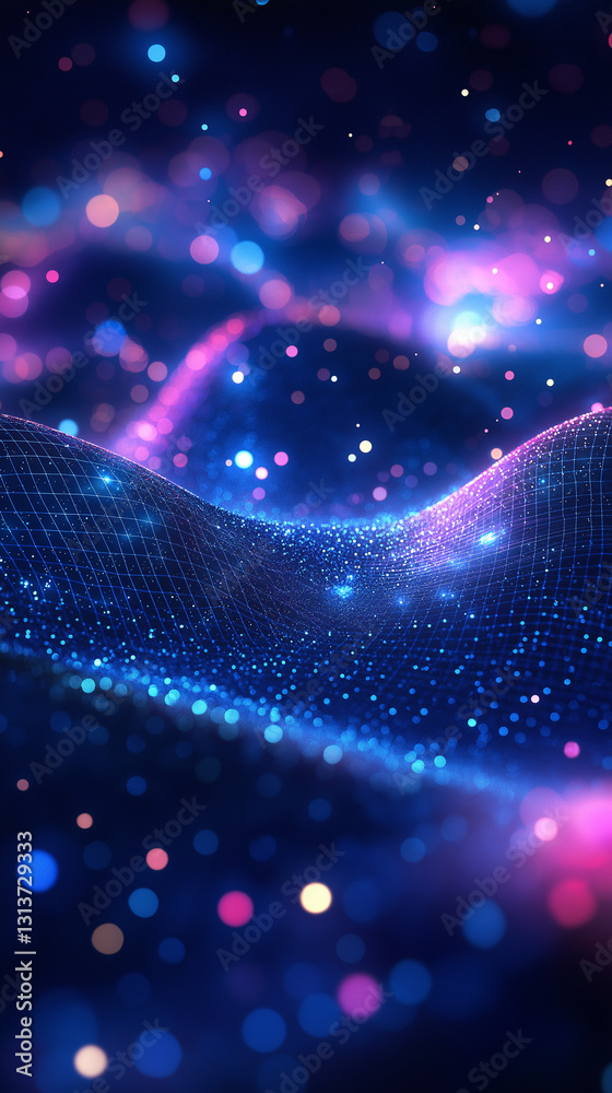 Futuristic digital wave landscape with glowing pink and blue particles, forming a cyber-inspired abstract high-tech surface Futuristic digital wave landscape with glowing pink and blue particles, forming a cyber-inspired abstract high-tech surface