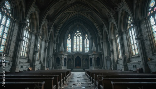 Abandoned Gothic Church Interior with Stained Glass Windows