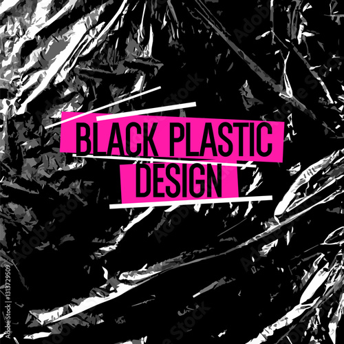 The background is with a black plastic wrap that is crumpled. Creases on plastic. Abstract illustration. Real texture.