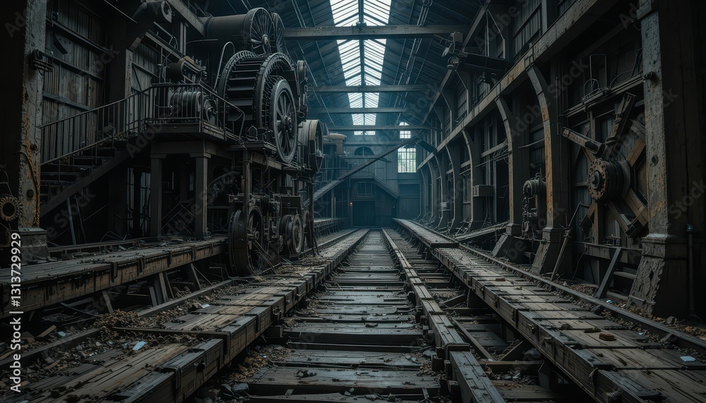 Abandoned Industrial Warehouse with Rusty Machinery and Tracks Abandoned Industrial Warehouse with Rusty Machinery and Tracks