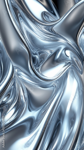 Fluid metallic folds in silver and blue with high-reflectivity, forming a futuristic abstract background with smooth and dynamic movement