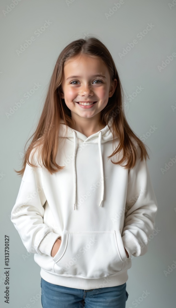 Cute smiling 10 years girl in white hoodie on clean background. Teenager wears hooded sweatshirt posing, showing apparel mock up to advertise editable colours front display. Cute smiling 10 years girl in white hoodie on clean background. Teenager wears hooded sweatshirt posing, showing apparel mock up to advertise editable colours front display.