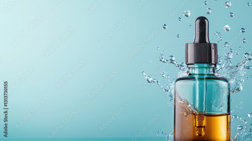 An aqua-colored dropper bottle splashing into water, resulting in exquisite droplets and ripples, showing a refreshing and clean design suitable for wellness branding. An aqua-colored dropper bottle splashing into water, resulting in exquisite droplets and ripples, showing a refreshing and clean design suitable for wellness branding.
