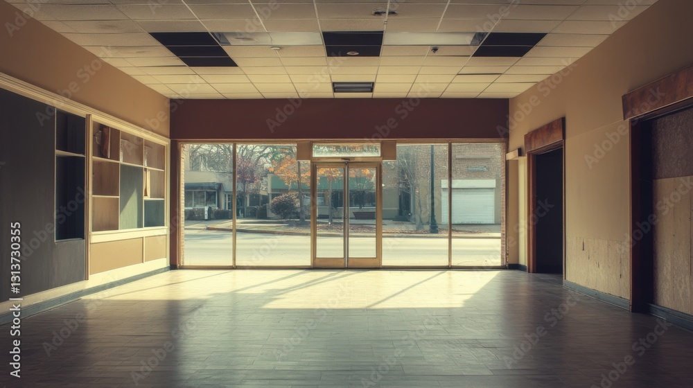 Fototapeta premium empty retail space with large windows and sunlit floor