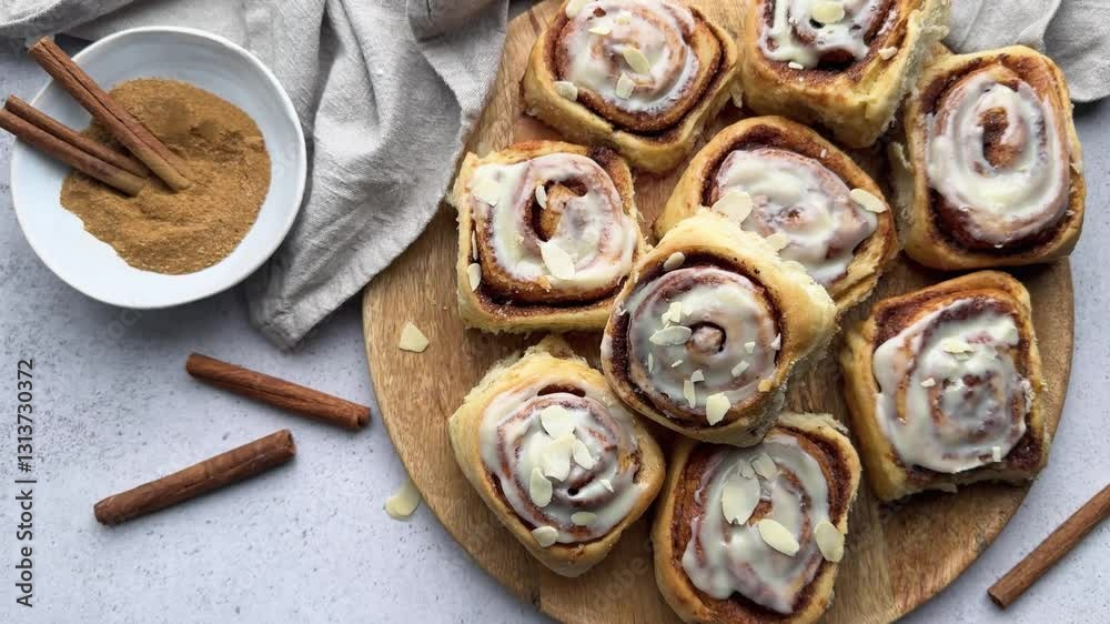 Delicious cinnamon rolls with almond flakes and icing on wooden board Delicious cinnamon rolls with almond flakes and icing on wooden board