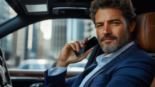 A confident businessman in a luxury car, dressed in a sharp suit, holding a smartphone while looking assertively at the camera.