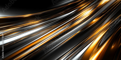 Sleek metallic waves in black, gold, and silver, creating a luxurious futuristic abstract background with reflective surfaces and smooth motion