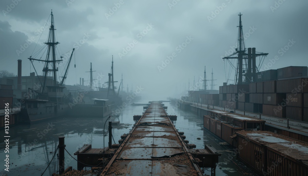 Misty Harbor Scene with Old Ships and Shipping Containers Misty Harbor Scene with Old Ships and Shipping Containers