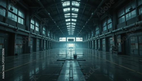 Abandoned Warehouse Interior with Natural Light and Reflection