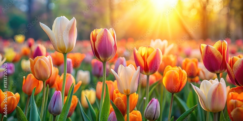 Φωτογραφία A vibrant field of tulips bathed in the warm glow of a setting sun, their petals displaying a kaleidoscope of colors, creating a breathtaking springtime scene