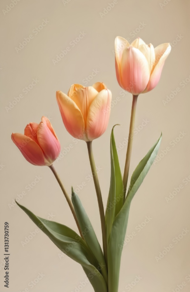 Three pink, peach tulips. Flower blossom heads with fresh green leaves on beige background. Floral spring wallpaper, symbol of springtime, plant blooming in summer season. Three pink, peach tulips. Flower blossom heads with fresh green leaves on beige background. Floral spring wallpaper, symbol of springtime, plant blooming in summer season.