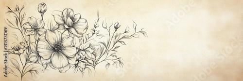 Delicate hand drawn floral sketches showcasing vintage tones and balanced golden ratios on aged paper in a serene artistic composition