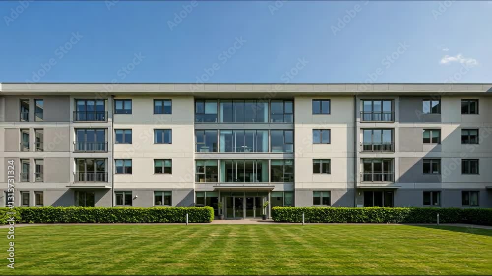 A modern residential building with a clean, symmetrical facade A modern residential building with a clean, symmetrical facade