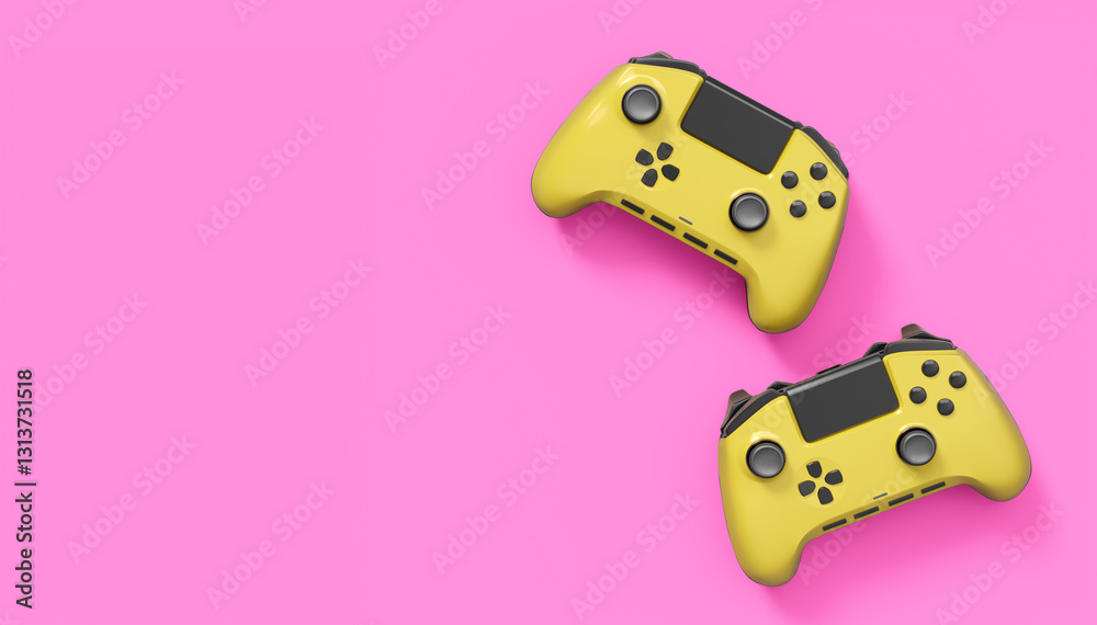 Realistic yellow video game joysticks or gamepads on pink background Realistic yellow video game joysticks or gamepads on pink background