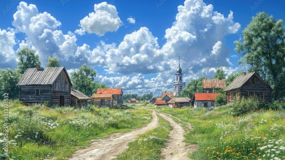 Rustic village road, summer, church, wildflowers, idyllic Rustic village road, summer, church, wildflowers, idyllic