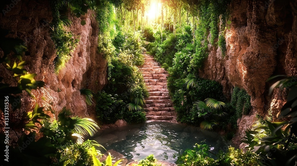 Hidden Tropical Oasis with Stairs Leading to a Tranquil Pool Surrounded by Lush Greenery
