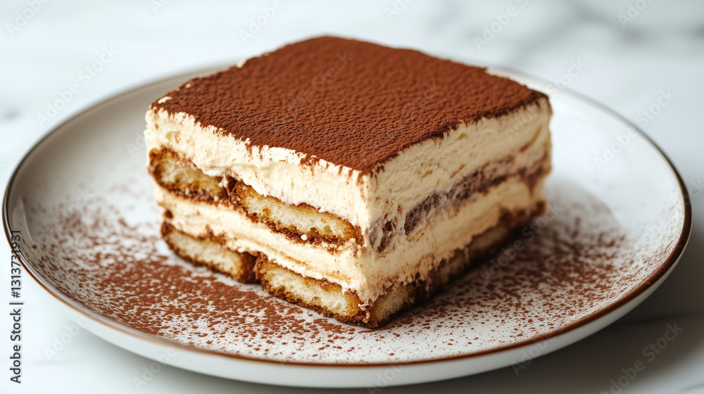 A classic tiramisu with layers of coffee-soaked sponge, creamy mascarpone frosting, and a fine dusting of cocoa powder, clean background A classic tiramisu with layers of coffee-soaked sponge, creamy mascarpone frosting, and a fine dusting of cocoa powder, clean background