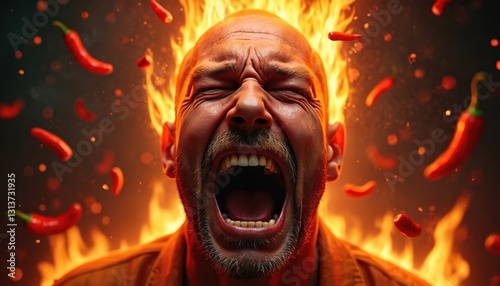 Man screams, face engulfed in flames with flying hot chili peppers. Pain eating spicy food, burning sensation, fiery flavor, intense heat. Vibrant photo, great for culinary themes, food challenges,